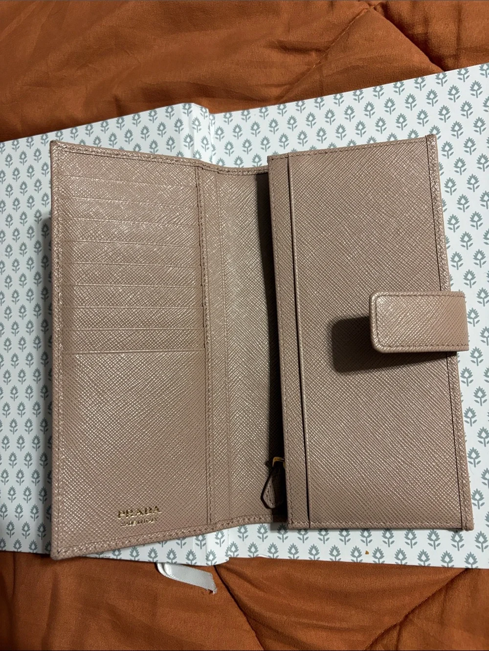 Prada Saffiano Leather Wallet in Taupe Box and Dust Bag included